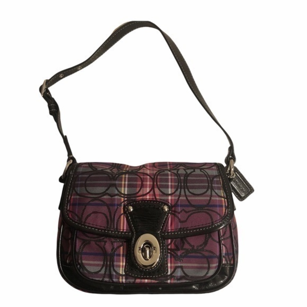 Coach pink purple black plaid mini bag